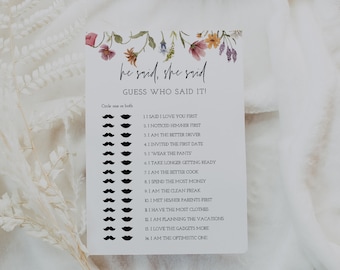 He Said She Said Bridal Shower Game, Wildflower Bridal Shower Template, Floral Bridal, Guess Who Said It, Instant Download, Editable, 55