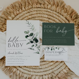 Greenery Baby Shower Invitation Set Template, Diaper Sign, Book, Neutral Baby, Modern Minimalist Greenery Baby Shower, Editable, Instant, 80