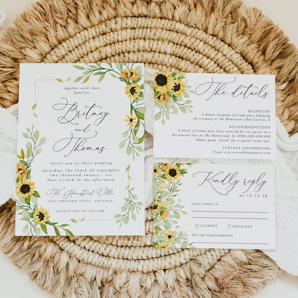 Sunflower Wedding Invitation Template Set, Sunflower Wedding Invitation, Rustic Wedding Invitation Suite, Printable, Editable, 93