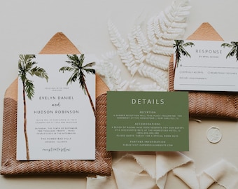 Palm Tree Wedding Invitation Template, Minimal Tropical Wedding Invitation Printable Set, Beach Wedding Invitation, Editable, Download, 44