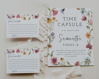 Wildflower Time Capsule Sign and with Matching Printable Message Cards, Editable Sign, First Birthday Time Capsule, Blush Pink Floral, 55