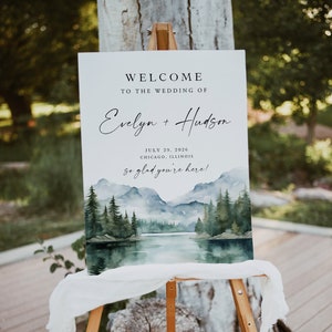 Cartello di benvenuto in montagna, bosco, stampabile, rustico, montagna per matrimonio, cartello invernale, modello modificabile, pino estivo, download, 126