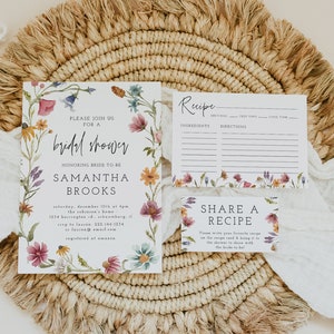 Ensemble d'invitations pour la douche nuptiale fleurs sauvages, jardin nuptiale, invitation florale, recette pour la mariée, partager la recette, fleurs pour la mariée, téléchargement imprimable, 55