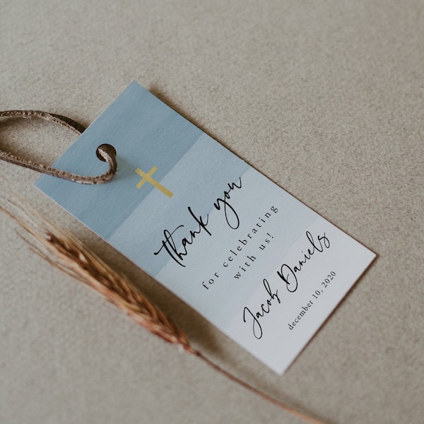 Baptism Favor Tags Template, Printable Baptism Favor Tags, First Communion Tags, Light Blue Baptism Tags, Thank You Tags, Download, 17