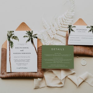 Palm Tree Wedding Invitation Template, Minimal Tropical Wedding Invitation Printable Set, Beach Wedding Invitation, Editable, Download, 44