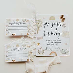 Plantilla de tarjeta y letrero con oraciones para bebé, ropa para baby shower, buenos deseos para bebé niña, tarjeta de oración con consejos, descarga editable, 95