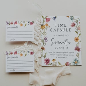 Placa de cápsula do tempo com flores silvestres e cartões de mensagem para impressão correspondentes, placa editável, cápsula do tempo para o primeiro aniversário, floral rosa-claro, 55