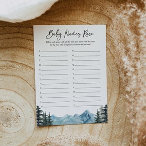 Baby Name Race Game, Baby Name Alphabet Game Printable, Baby Name A to Z Game, Pine Baby, Mountain Baby Shower, Download, Editable, 005
