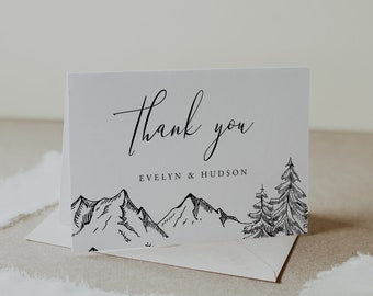Plantilla de tarjeta plegable de agradecimiento de montaña, nota editable para boda o despedida de soltera, diseño de pino de montaña, descarga instantánea, Templett, 001