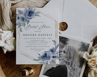 Dusty Blue Bridal Invitation Template, DiY Bridal Shower Invitation, Dusty Blue, Blue Navy Floral Wedding, Blue Floral Invite, Download, 06