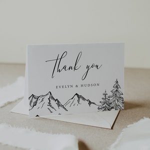 Plantilla de tarjeta plegable de agradecimiento de montaña, nota editable para boda o despedida de soltera, diseño de pino de montaña, descarga instantánea, Templett, 001