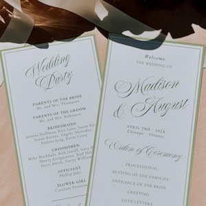 レトロな結婚式プログラムテンプレート、カリグラフィー、オールドマネープログラム、結婚披露宴、Canva、168