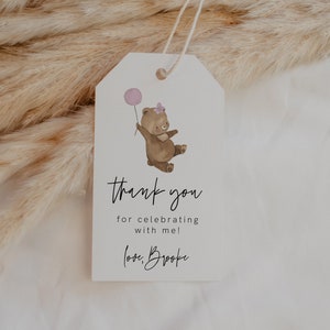 Bear Birthday Tag, Bear-y First Birthday Favor Tag, Cute Bear Birthday, 1st Birthday Teddy Bear Favors, Balloons, Girl, Printable, 58