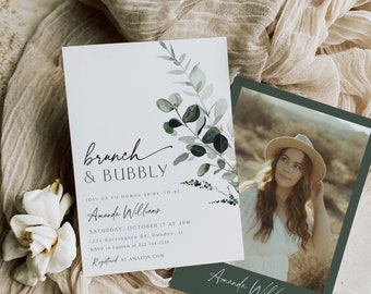 Brunch and Bubbly Bridal Shower Invitation, Greenery Bridal Shower, Editable Champagne Shower, Botanical Bridal Shower Invite, Template, 80