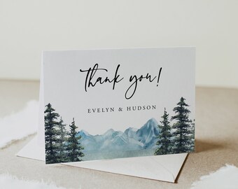 Mountain Thank You Folded Card Template, Editable Wedding / Bridal Shower Note, Lake Mountain Pine, Instant Download, Templett, 005