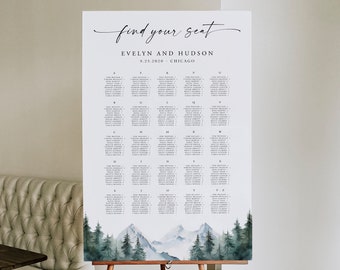 Mountain Wedding Seating Chart Template, Woodland Pine Winter Mountain Guest Seating Chart Board, Editable Rustic Table Seating, 126