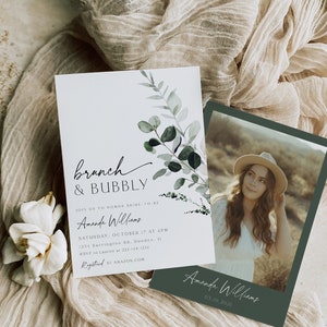 Brunch and Bubbly Bridal Shower Invitation, Greenery Bridal Shower, Editable Champagne Shower, Botanical Bridal Shower Invite, Template, 80