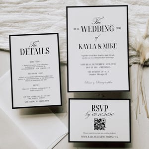 May include: Elegant wedding invitation suite with black text on white cards. The suite includes a details card, a wedding invitation, and an RSVP card. The invitation features the names Kayla & Mike and the wedding date.