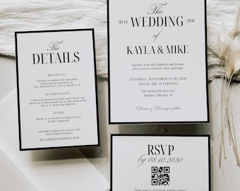 Classic Old Money Wedding Template Suite, Luxury Black White Invitation Set, Editable Elegant Modern Minimalist Wedding Invites, Canva, 145