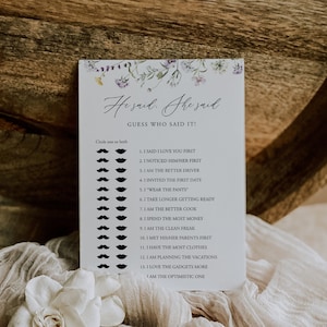 He Said She Said Bridal Shower Game, Wildflower Bridal Shower, Floral Bridal, Guess Who Said It, Instant Download, Editable, Template, 74