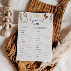 Baby Animal Game, Boho Baby Shower Game, Animal Game, Clothes Baby Shower, Gender Neutral Baby, Clothesline Baby, Download, Editable, 95