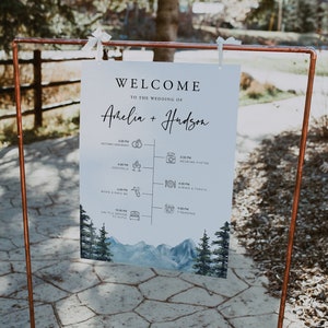 Welcome Sign Template, Printable Timeline with Wedding Day Icons, Instant Download, 100% Editable, Mountain Wedding, Pine, Templett, 005