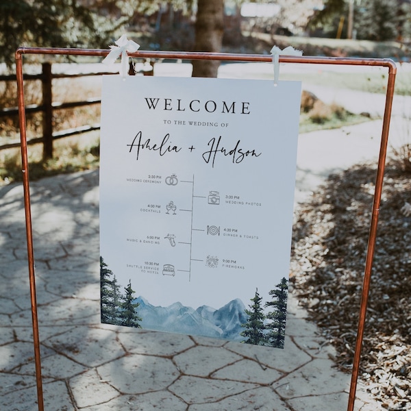 Welcome Sign Template, Printable Timeline with Wedding Day Icons, Instant Download, 100% Editable, Mountain Wedding, Pine, Templett, 005