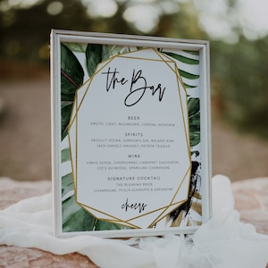 Tropical Bar Schild Vorlage, 20,3 x 25,5 cm, Tropical Bar Menü Hochzeitsschild, Palmen, Strand, bedruckbar, bearbeitbar, Download, Vorlage, 19