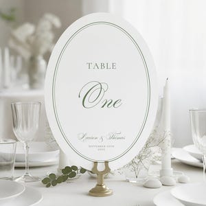 Timeless Oval Wedding Table Numbers Template, Elegant Green, Editable Canva, Luxury Old Money, 149