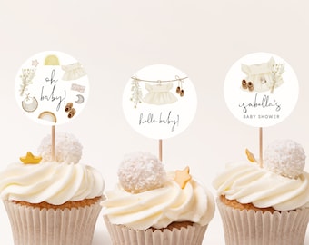 Boho Baby Shower Cupcake Toppers Template, Clothes Baby Shower, Girl Baby Shower Cupcake Topper, Baby Shower Toppers, Editable, Download, 95