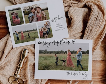 May include: Two Christmas cards with photos of a family. The first card has four photos of the family in a collage. The second card has a photo of the family walking in a field. The text on the first card reads "with love, Amelia, Hudson, Tommy, Davey & Mia" and "merry christmas". The text on the second card reads "merry christmas" and "the hudson family 20xx".