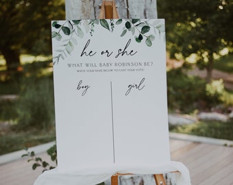 He or She What Will Baby Be Sign, Gender Guess Board, Greenery Baby Shower, Gender Neutral Baby Shower, He or She Gender Reveal Game, 80