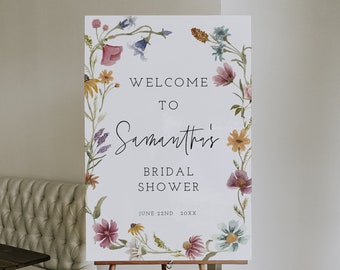 Modèle de plaque de bienvenue pour la douche nuptiale de fleurs sauvages, douche nuptiale de fleurs sauvages, signe floral, signe de mariée floral, téléchargement, modifiable, Boho, 55