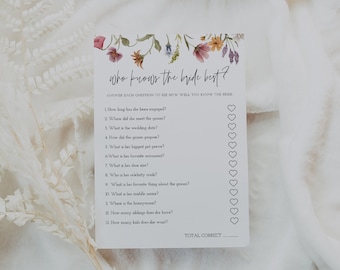 Who Knows the Bride Best Bridal Shower Game,Wildflower Bridal Shower Template, Guess Who Said It, Instant Download, Editable, 55