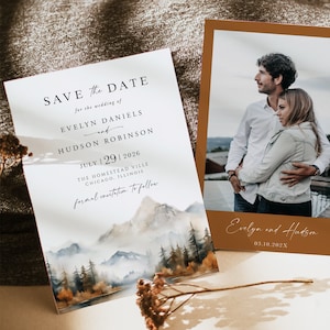 Mountain Save The Date Template, Woodland Photo Wedding Save The Dates, Forest Pine Wedding Date, Printable Rustic Fall Save The Date, 126
