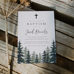 Pine Baptism Invitation Template, Baptism Invitation Boy, Christening, First Holly, 100% Editable, Instant Download, Minimalist, Winter, 005