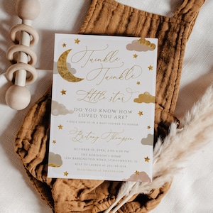 Twinkle Twinkle Little Star Baby Shower Invitation, Gender Reveal Baby Shower, Boho Baby Shower, Moon Stars Clouds, Template, Editable, 119