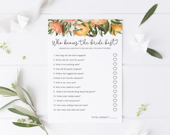 Summer Citrus Bridal Shower Game, Who Knows Bride Best (Instant Download)