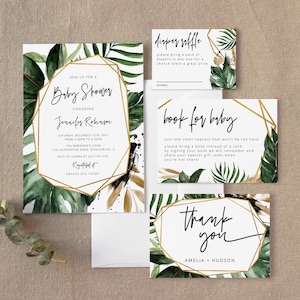 Tropical Baby Shower Invitation Template Set, Tropical Greenery, Palm Leaf Invitation, Beach Baby Shower, Instant Download, Template, 19
