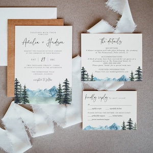 Mountain Wedding Invitation Set, Lake, Mountain, Woodland Pine, Rustic Wedding, Lakeside Editable Template, Instant Download, Templett, 005