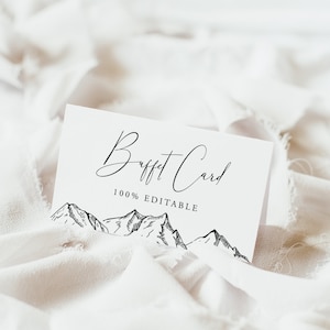 Plantilla de tarjeta de buffet de montaña, tarjeta de etiquetas de comida, tarjetas de buffet de boda, boda en la montaña, buffet de boda de pino, editable, 001