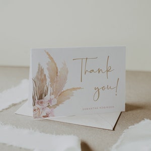 Modelo de cartão de agradecimento Pampas, agradecimento de casamento Boho, cartão de agradecimento dobrado para chá de panela, cartão de nota, download instantâneo, Templatett