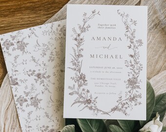 Fine Art Wedding Invitations Set Template,  French Wedding Invites, Floral Wreath Beige Wedding Invitation Suite, Vintage Wedding Cards, 139