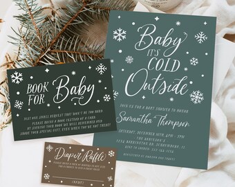 Baby It's Cold Outside Baby Shower Invitation Book Diaper, Winter Wonderland Baby Shower, Modern Pine Invitation, Editable, Template, 129