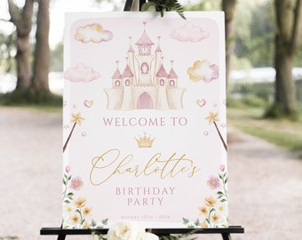 Princess Birthday Welcome Sign Template, Royal Girl Birthday, Crown Princess Birthday, Castle, Pink Gold, Editable, Instant, 105