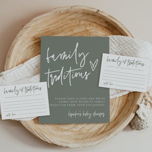 Teken en kaart familietradities, saliegroen babyshower, deel een herinnering, jeugdherinnering, bewerkbare sjabloon, moderne baby, minimalistisch, 41S