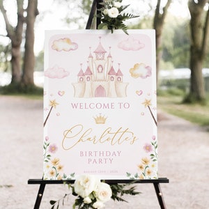 Princess Birthday Welcome Sign Template, Royal Girl Birthday, Crown Princess Birthday, Castle, Pink Gold, Editable, Instant, 105