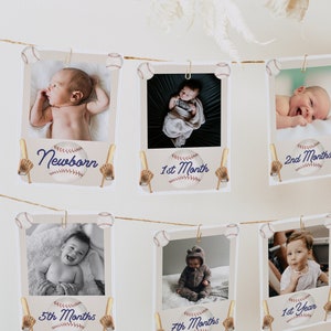 Foto's eerste jaar, banner fotoweergave 1e verjaardag, maandelijkse fotobanner, verjaardag honkbal, Rookie of the Year, download, bewerkbaar, 106
