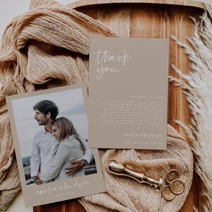 Plantilla de tarjeta de agradecimiento bohemia, carta de agradecimiento, menú de boda imprimible, tonos tierra beige, crema gris topo, descarga instantánea, 43