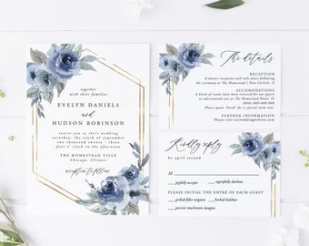 Conjunto de invitación de boda azul polvoriento, descarga instantánea, plantilla, invitación de boda azul, boda floral azul marino, invitación floral azul, 06
